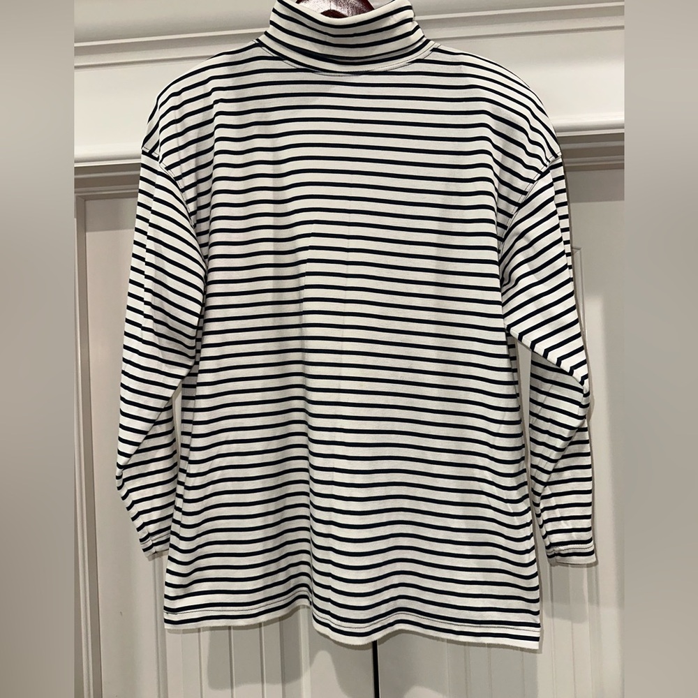 Vintage Huntington Ridge Striped Turtleneck | White/Navy | Shoulder Pads | Large
